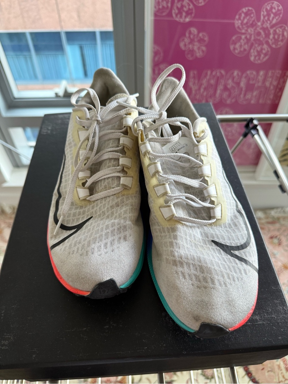 Nike White and Black Running Shoes with Coral and Teal Soles